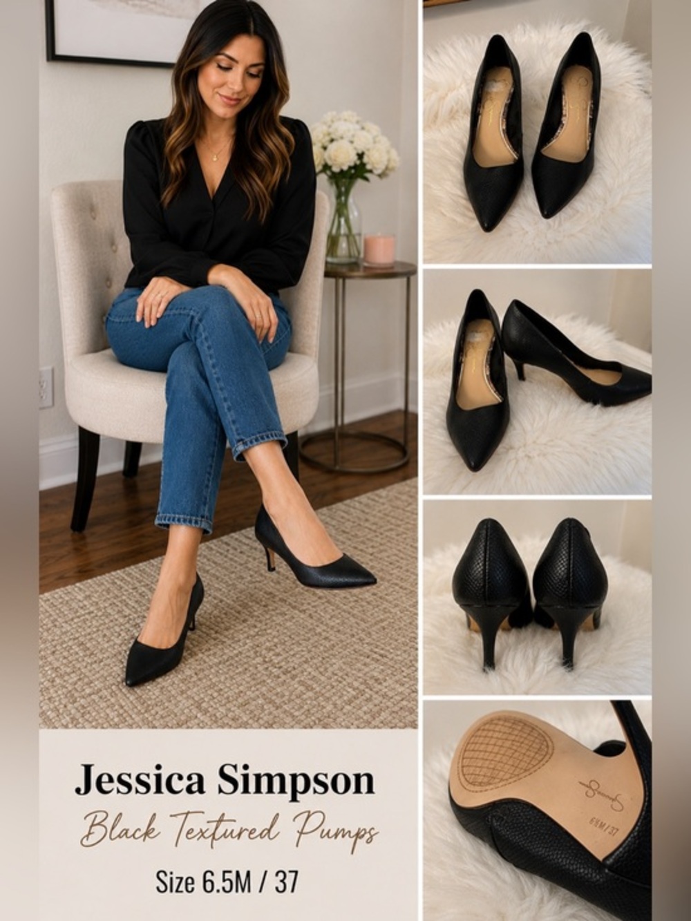 Jessica Simpson Black Textured Pointed-Toe Kitten Heels